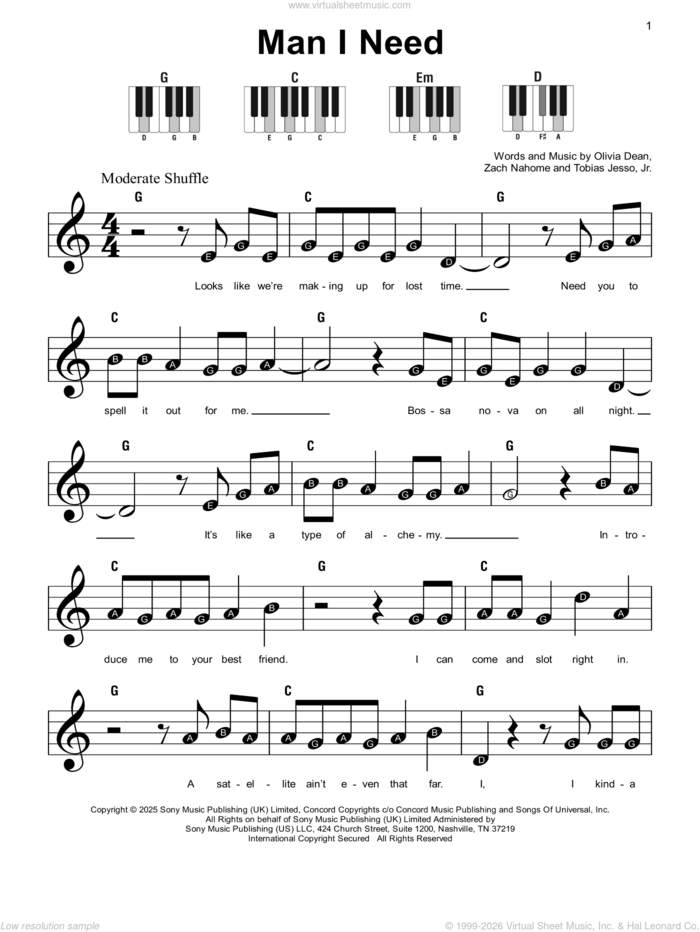 Man I Need sheet music for piano solo by Olivia Dean, Tobias Jesso, Jr. and Zach Nahome, beginner skill level