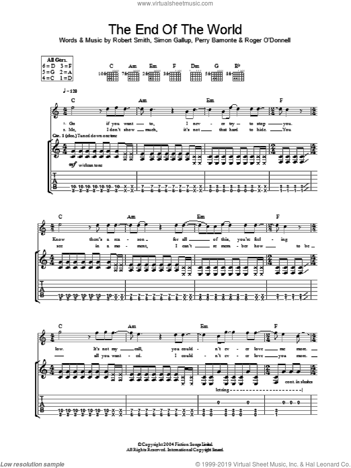 The End Of The World sheet music for guitar (tablature) by The Cure, Perry Bamonte, Robert Smith and Simon Gallup, intermediate skill level