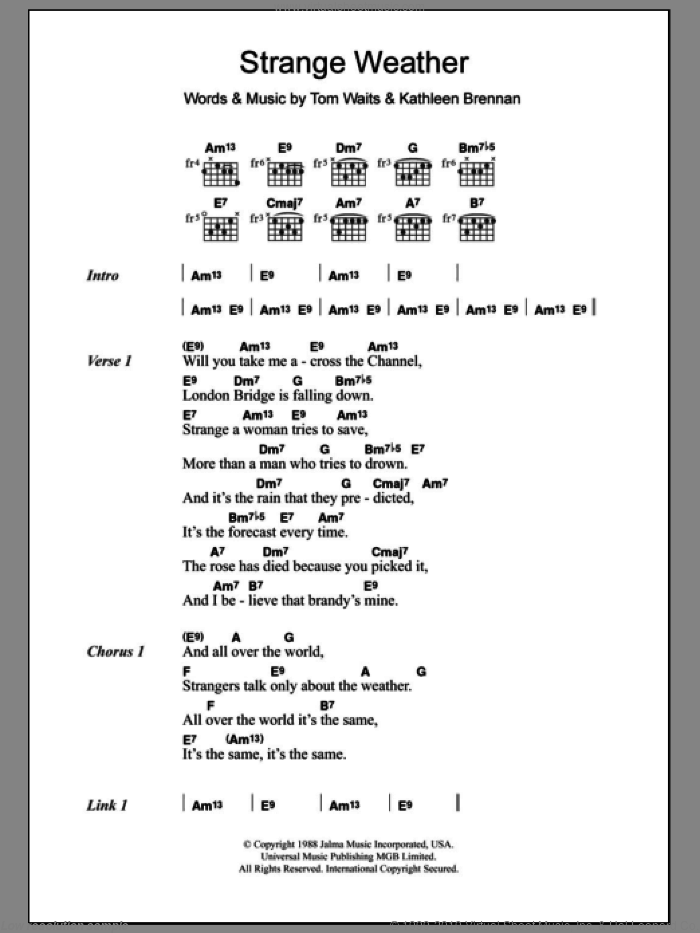 Strange Weather sheet music for guitar (chords) by Tom Waits and Kathleen Brennan, intermediate skill level