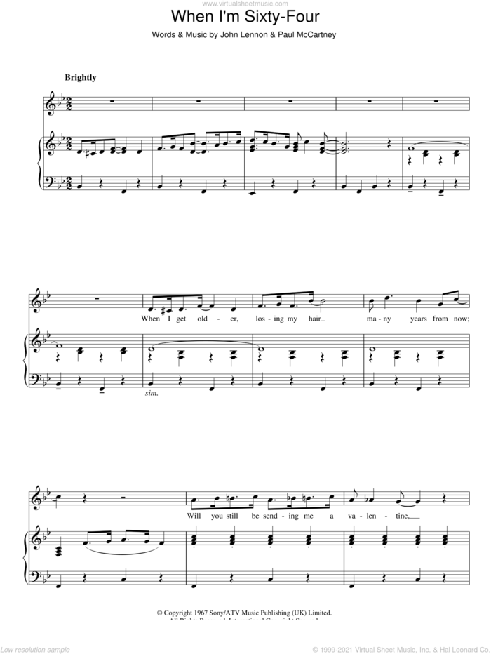 When I'm Sixty-Four sheet music for voice and piano by The Beatles, Paul McCartney and John Lennon, intermediate skill level