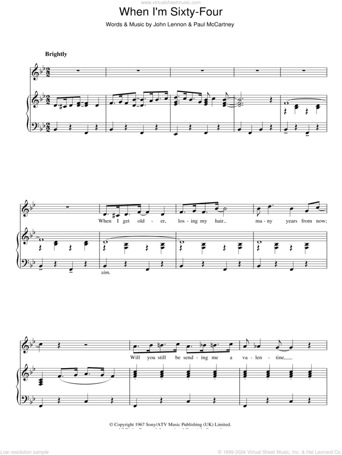 When I'm Sixty-Four sheet music for voice and piano by The Beatles, Paul McCartney and John Lennon, intermediate skill level