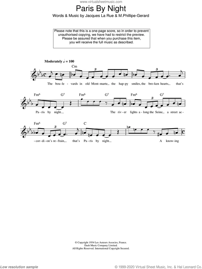 Paris By Night sheet music for voice and other instruments (fake book) by Jacques La Rue and M.Phillipe-Gerard, intermediate skill level