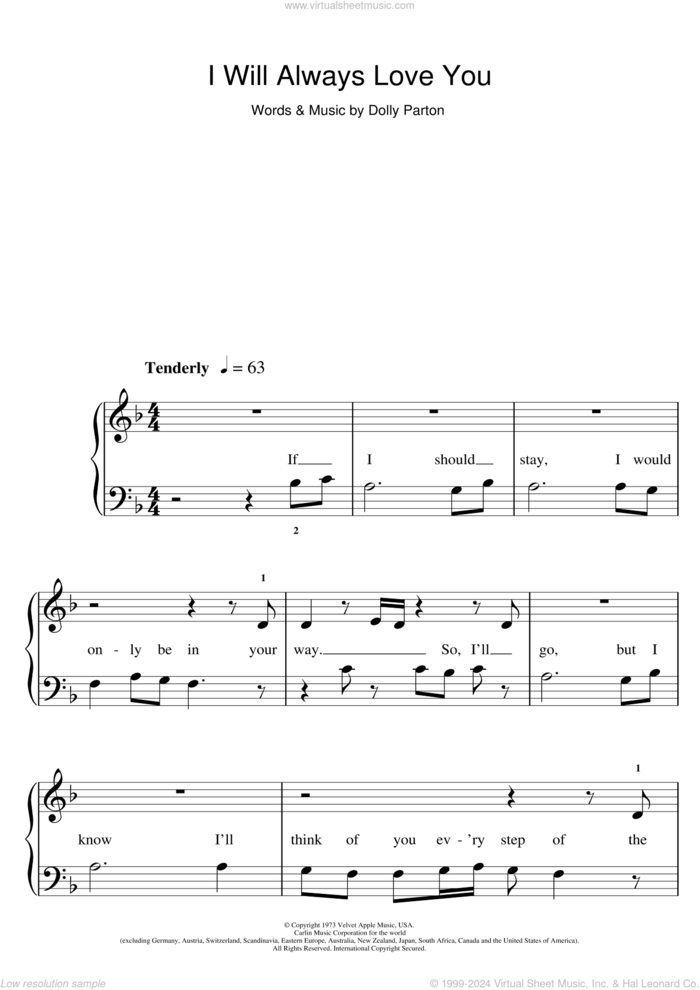 I Will Always Love You sheet music for piano solo (5-fingers) by Whitney Houston, Dolly Parton and David Foster, wedding score, beginner piano (5-fingers)