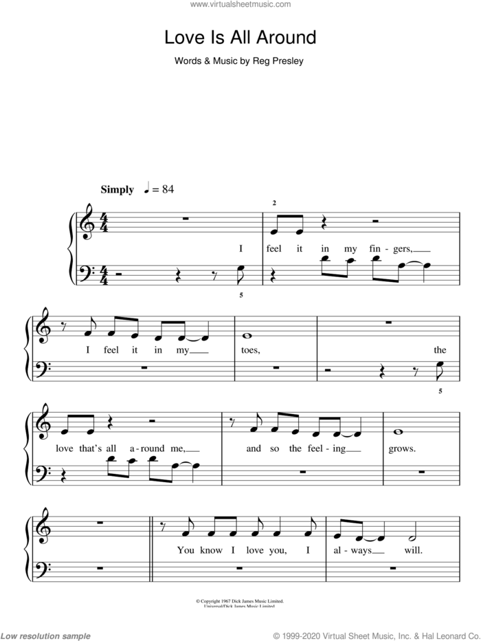 Love Is All Around, (easy) sheet music for piano solo by Wet Wet Wet, The Troggs and Reg Presley, easy skill level