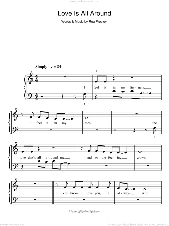 Love Is All Around, (easy) sheet music for piano solo by Wet Wet Wet, The Troggs and Reg Presley, easy skill level