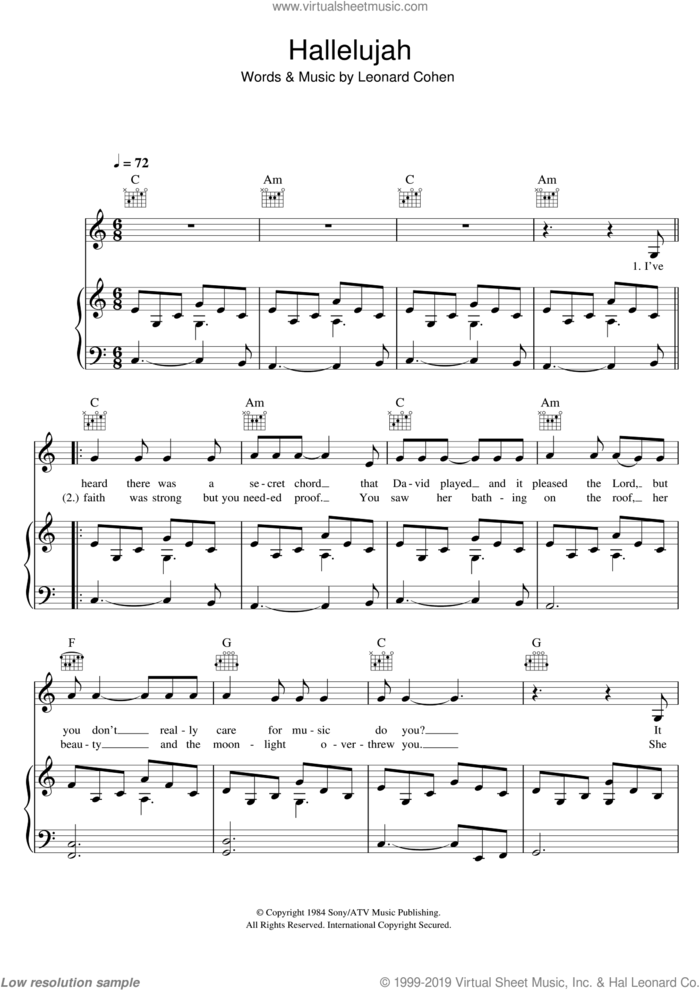 Hallelujah sheet music for voice, piano or guitar by Rufus Wainwright, Jeff Buckley, John Cale, K.D. Lang and Leonard Cohen, intermediate skill level