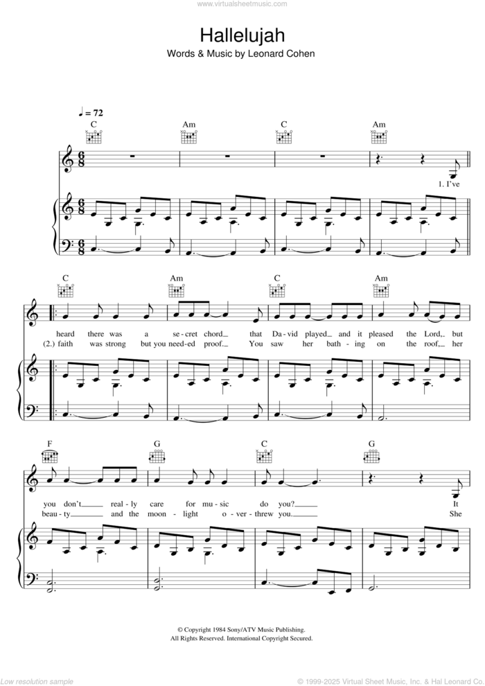 Hallelujah sheet music for voice, piano or guitar by Rufus Wainwright, Jeff Buckley, John Cale, K.D. Lang and Leonard Cohen, intermediate skill level