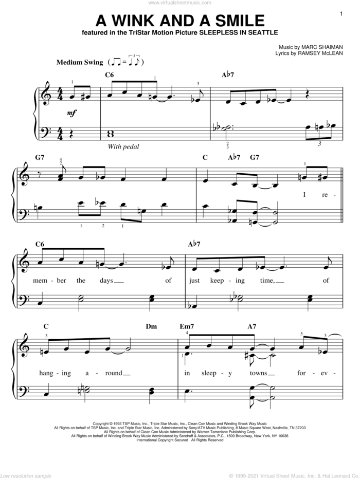 A Wink And A Smile sheet music for piano solo by Harry Connick Jr., Marc Shaiman and Ramsey McLean, wedding score, easy skill level