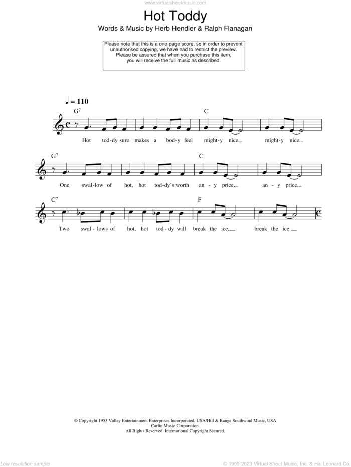Hot Toddy sheet music for voice and other instruments (fake book) by Ralph Flanagan and Herb Hendler, intermediate skill level
