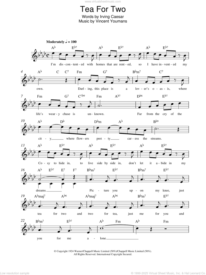 Tea For Two (from No, No, Nanette) sheet music for voice and other instruments (fake book) by Irving Caesar and Vincent Youmans, intermediate skill level