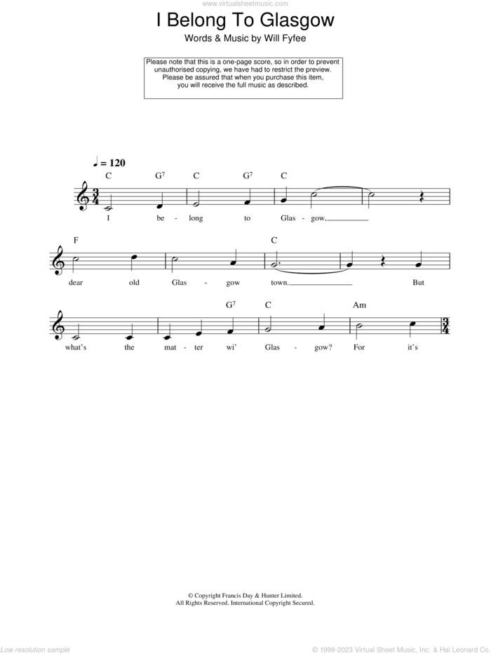 I Belong To Glasgow sheet music for voice and other instruments (fake book) by Will Fyfee, intermediate skill level