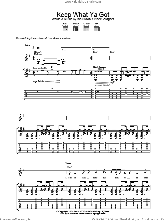 Keep What Ya Got sheet music for guitar (tablature) by Ian Brown and Noel Gallagher, intermediate skill level