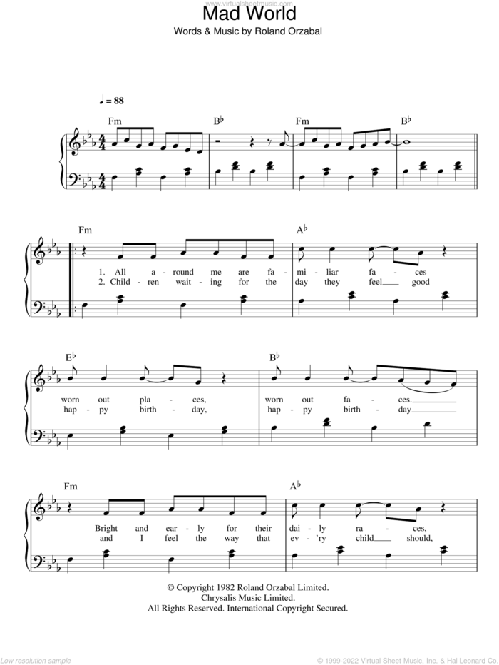 Mad World sheet music for piano solo by Gary Jules and Roland Orzabal, easy skill level