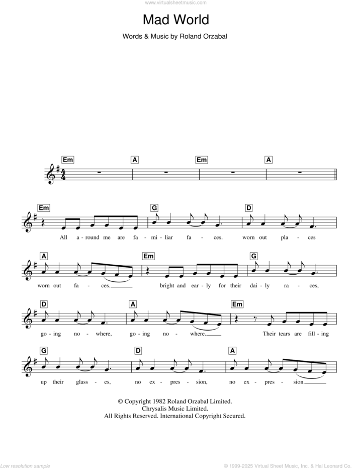 Mad World, (intermediate) sheet music for piano solo (chords, lyrics, melody) by Gary Jules and Roland Orzabal, intermediate piano (chords, lyrics, melody)