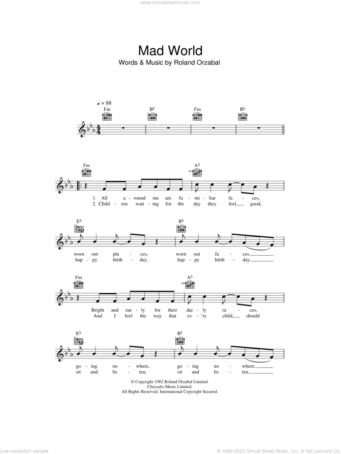Mad World sheet music for voice and other instruments (fake book) by Gary Jules and Roland Orzabal, intermediate skill level