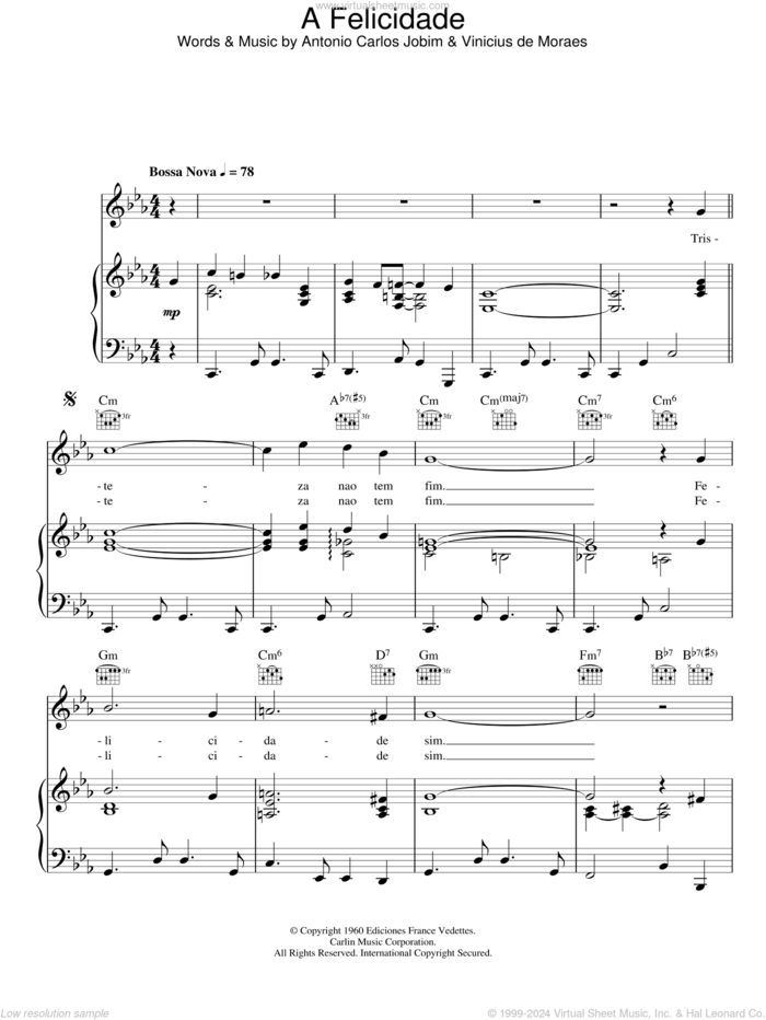 Felicidade sheet music for voice, piano or guitar by Antonio Carlos Jobim and Vinicius de Moraes, intermediate skill level