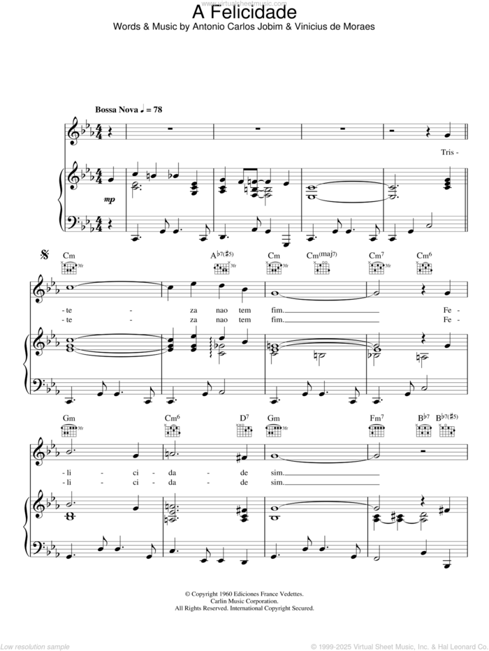 Felicidade sheet music for voice, piano or guitar by Antonio Carlos Jobim and Vinicius de Moraes, intermediate skill level