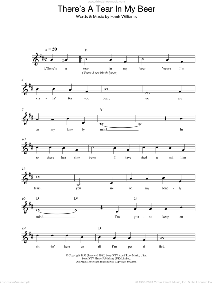 There's A Tear In My Beer sheet music for voice and other instruments (fake book) by Hank Williams, intermediate skill level