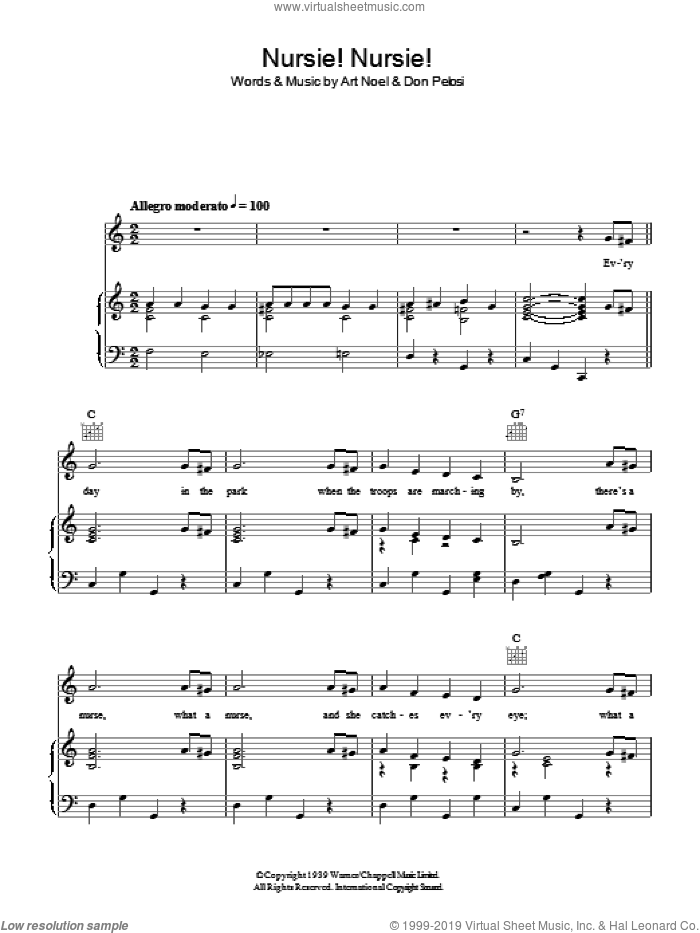 Nursie Nursie sheet music for voice, piano or guitar by Art Noel and Don Pelosi, intermediate skill level