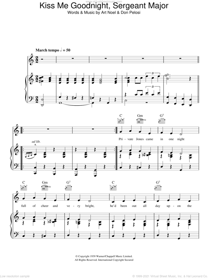 Kiss Me Goodnight, Sergeant Major sheet music for voice, piano or guitar by Art Noel and Don Pelosi, intermediate skill level