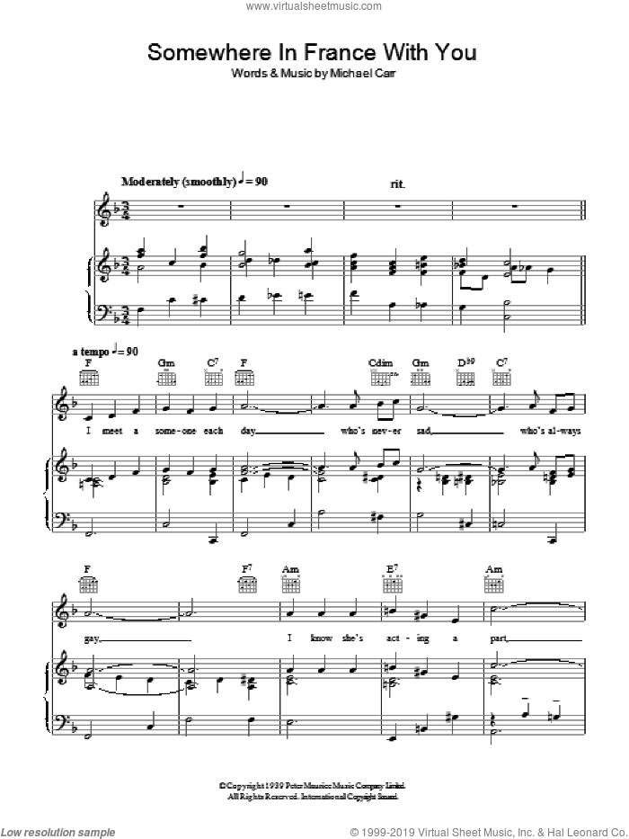 Somewhere In France With You sheet music for voice, piano or guitar by Michael Carr, intermediate skill level