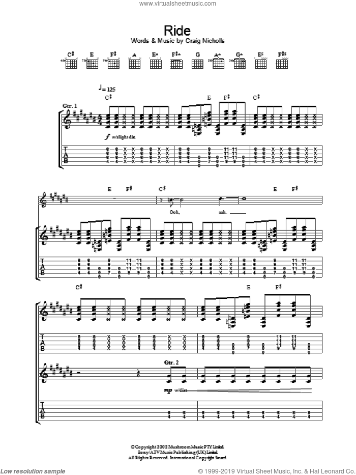 Ride sheet music for guitar (tablature) by The Vines and Craig Nicholls, intermediate skill level