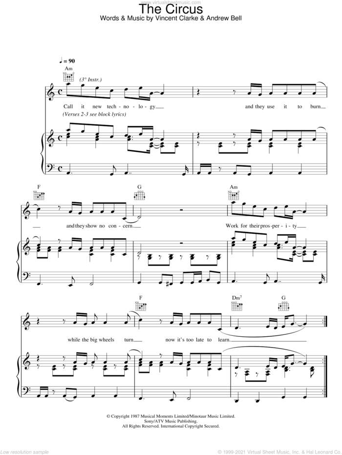 The Circus sheet music for voice, piano or guitar by Erasure, Andrew Bell and Vince Clarke, intermediate skill level