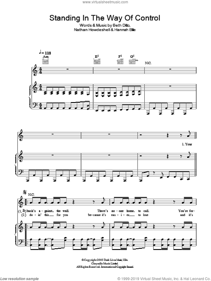 Standing In The Way Of Control sheet music for voice, piano or guitar by Gossip, Beth Ditto, Hannah Blilie and Nathan Howdeshell, intermediate skill level