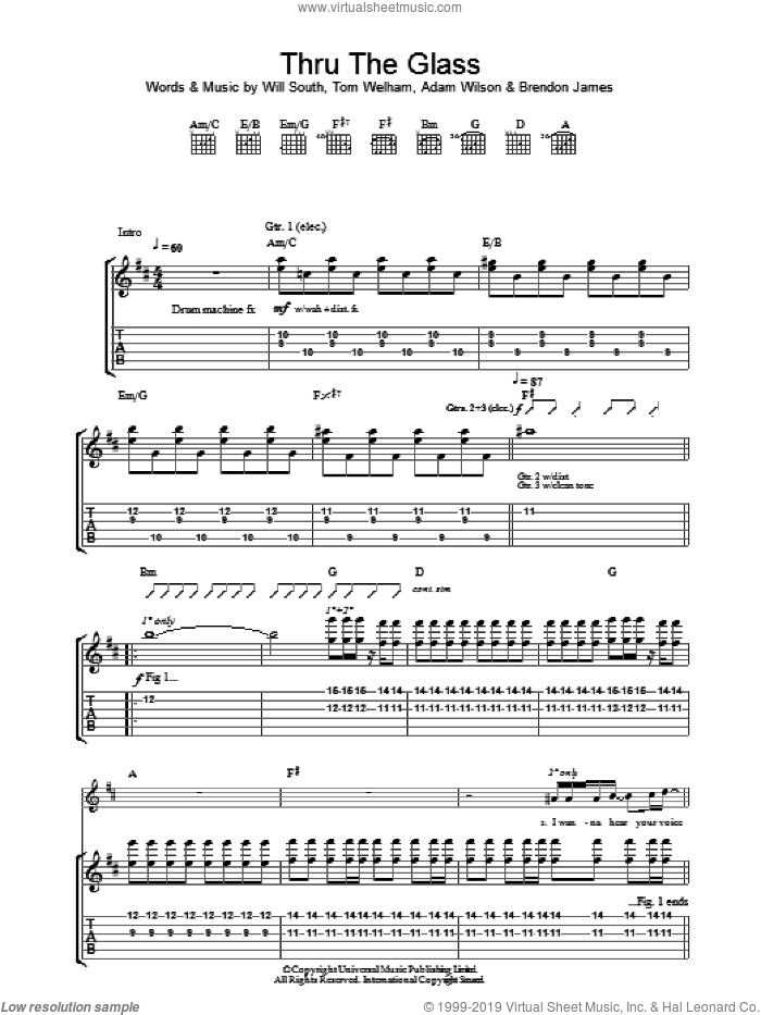 Thru The Glass sheet music for guitar (tablature) by Thirteen Senses, Adam Wilson, Tom Welham and Will South, intermediate skill level