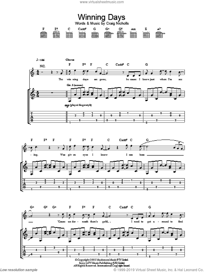 Winning Days sheet music for guitar (tablature) by The Vines and Craig Nicholls, intermediate skill level