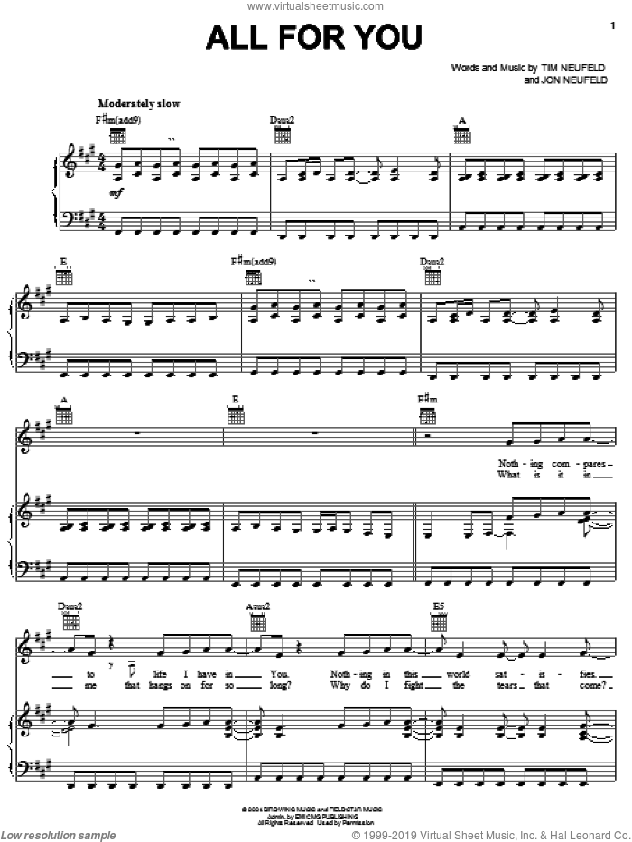 All For You sheet music for voice, piano or guitar by Starfield, Jon Neufeld and Tim Neufeld, intermediate skill level