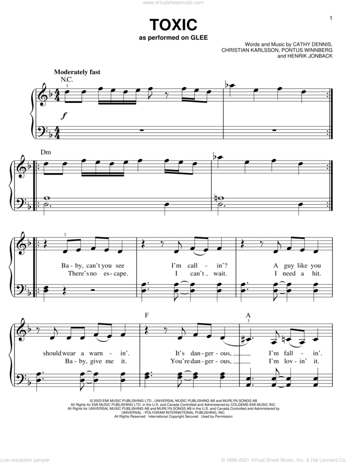 Toxic sheet music for piano solo by Glee Cast, Britney Spears, Miscellaneous, Cathy Dennis, Christian Karlsson, Henrik Jonback and Pontus Winnberg, easy skill level