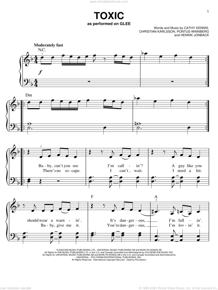 Toxic sheet music for piano solo by Glee Cast, Britney Spears, Miscellaneous, Cathy Dennis, Christian Karlsson, Henrik Jonback and Pontus Winnberg, easy skill level