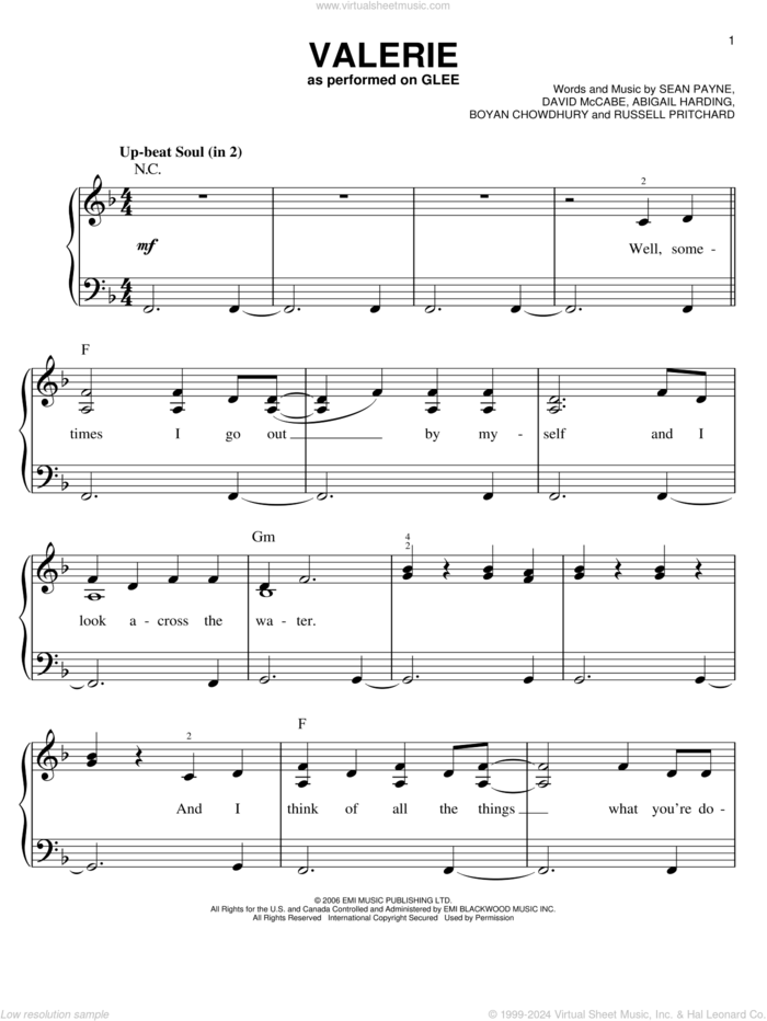 Valerie sheet music for piano solo by Glee Cast, Amy Winehouse, Miscellaneous, The Zutons, Abigail Harding, Boyan Chowdhury, David McCabe, Russell Pritchard and Sean Payne, easy skill level