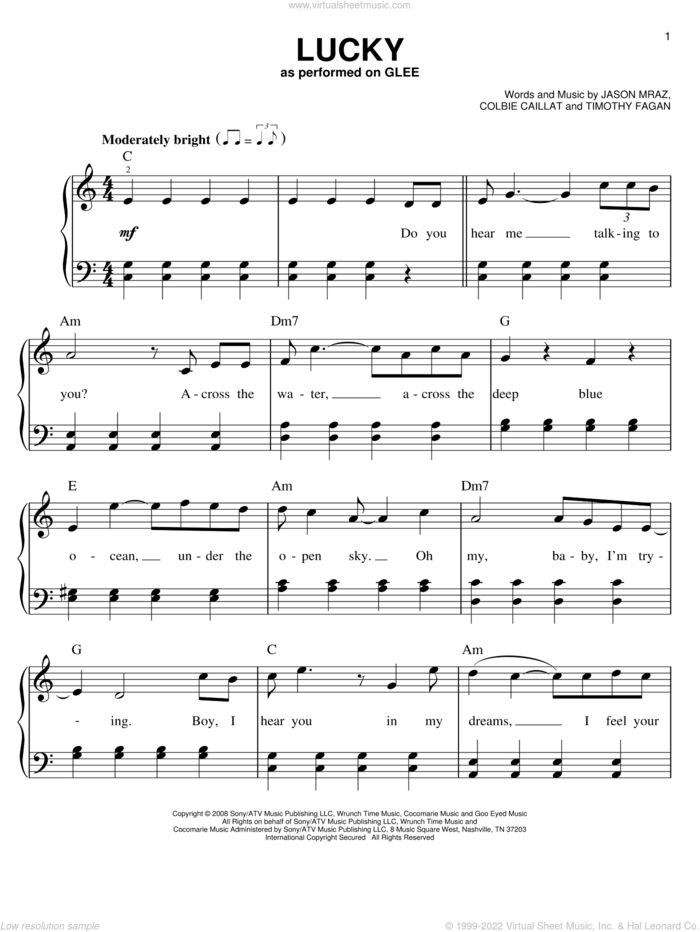 Lucky sheet music for piano solo by Glee Cast, Jason Mraz & Colbie Caillat, Miscellaneous, Colbie Caillat, Jason Mraz and Timothy Fagan, wedding score, easy skill level