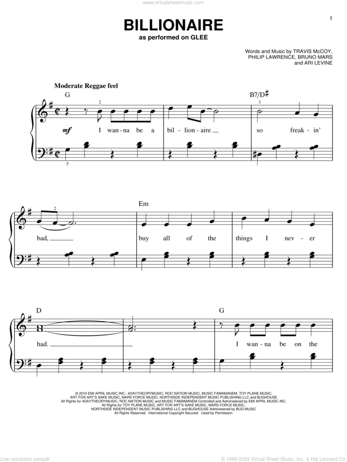 Billionaire sheet music for piano solo by Glee Cast, Miscellaneous and Travie McCoy featuring Bruno Mars, Ari Levine, Bruno Mars, Philip Lawrence and Travie McCoy, easy skill level