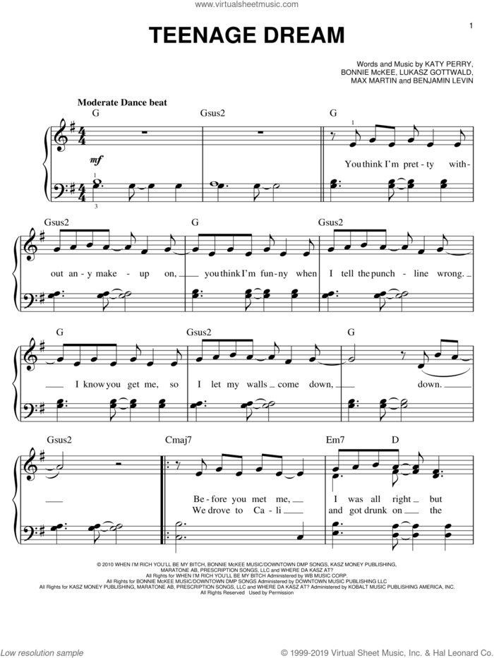 Teenage Dream sheet music for piano solo by Glee Cast, Miscellaneous, Benjamin Levin, Bonnie McKee, Katy Perry, Lukasz Gottwald and Max Martin, easy skill level