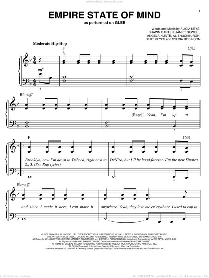 Empire State Of Mind sheet music for piano solo by Glee Cast, Jay-Z, Jay-Z featuring Alicia Keys, Miscellaneous, Al Shuckburgh, Alicia Keys, Angela Hunte, Bert Keyes, Shawn Carter and Sylvia Robinson, easy skill level