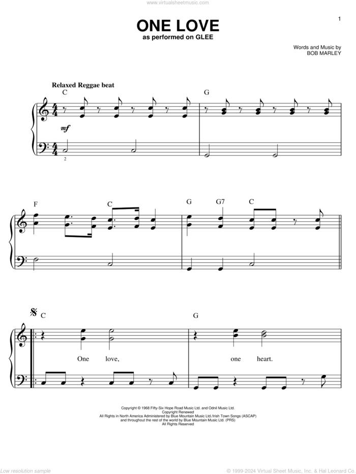 One Love sheet music for piano solo by Glee Cast, Miscellaneous and Bob Marley, easy skill level