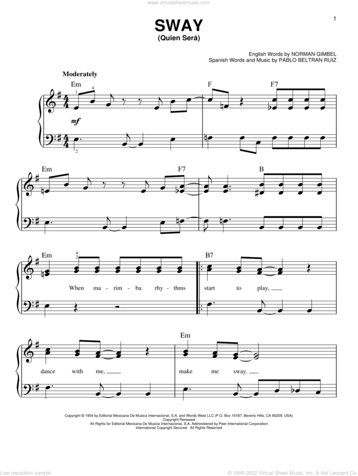 Sway (Quien Sera) sheet music for piano solo by Glee Cast, Dean Martin, Miscellaneous, Norman Gimbel and Pablo Beltran Ruiz, easy skill level