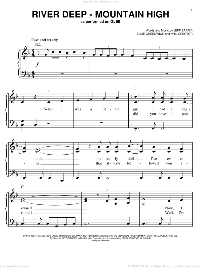 River Deep - Mountain High sheet music for piano solo by Glee Cast, Celine Dion, Miscellaneous, Tina Turner, Ellie Greenwich, Jeff Barry and Phil Spector, easy skill level