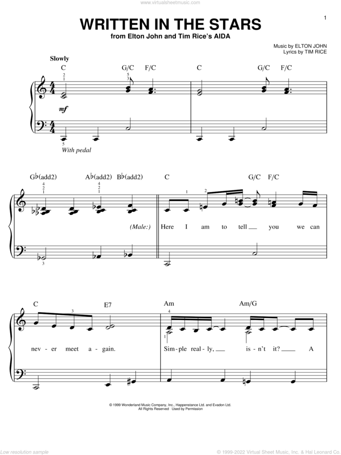 Written In The Stars (from Aida), (easy) sheet music for piano solo by Elton John, Aida (Musical), LeAnn Rimes and Tim Rice, easy skill level