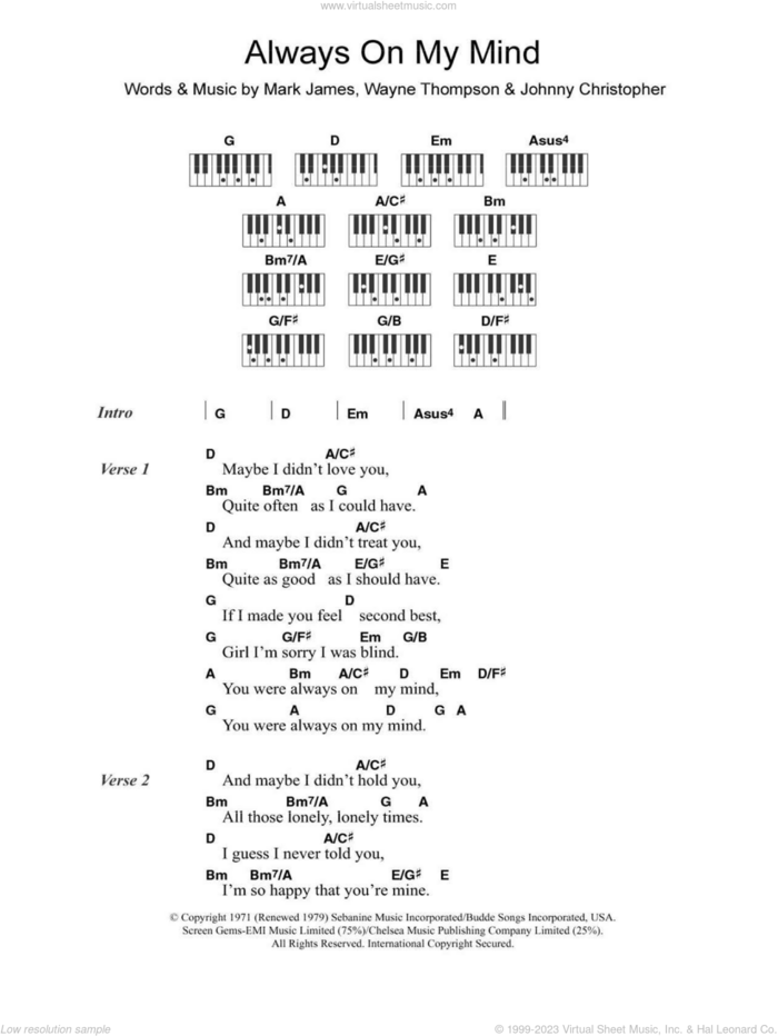 Always On My Mind sheet music for piano solo (chords, lyrics, melody) by Elvis Presley, The Pet Shop Boys, Johnny Christopher, Mark James and Wayne Thompson, intermediate piano (chords, lyrics, melody)