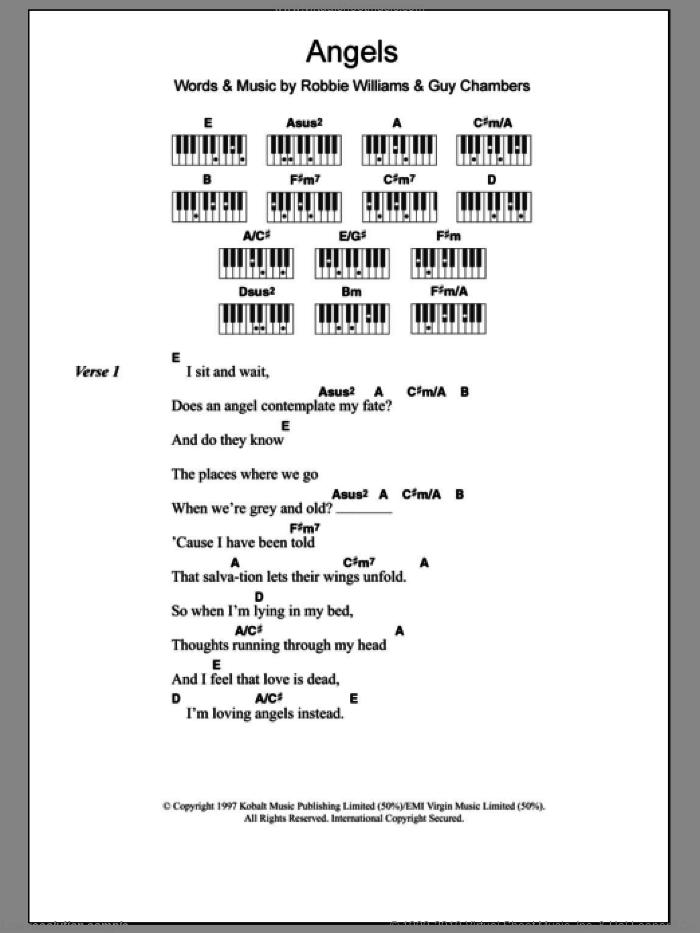 Angels sheet music for piano solo (chords, lyrics, melody) by Robbie Williams and Guy Chambers, intermediate piano (chords, lyrics, melody)