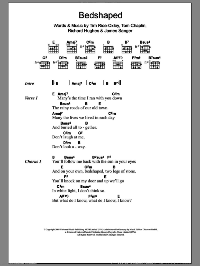 Bedshaped sheet music for guitar (chords) by Tim Rice-Oxley, James Sanger, Richard Hughes and Tom Chaplin, intermediate skill level