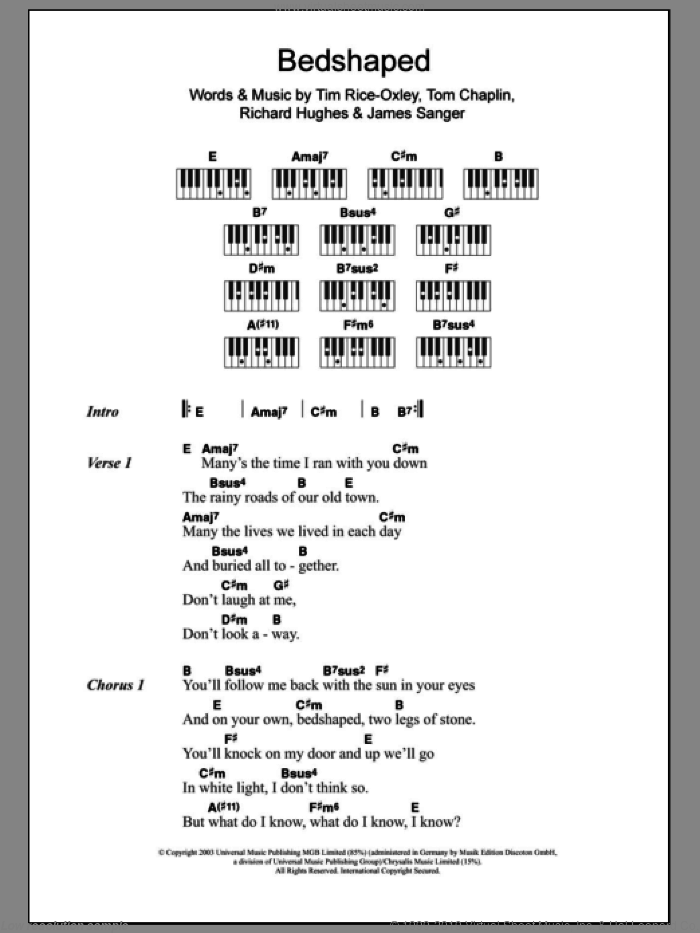 Bedshaped sheet music for piano solo (chords, lyrics, melody) by Tim Rice-Oxley, James Sanger, Richard Hughes and Tom Chaplin, intermediate piano (chords, lyrics, melody)