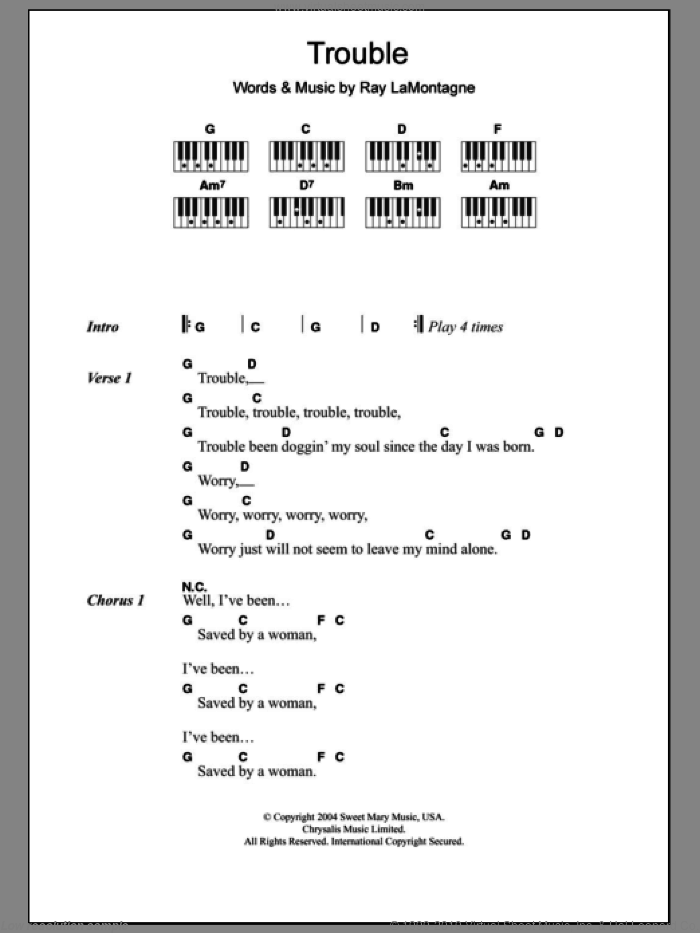 Trouble sheet music for piano solo (chords, lyrics, melody) by Ray LaMontagne, intermediate piano (chords, lyrics, melody)