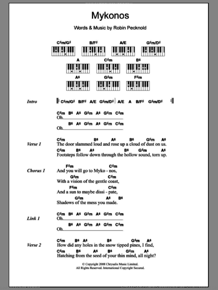 Mykonos sheet music for piano solo (chords, lyrics, melody) by Fleet Foxes and Robin Pecknold, intermediate piano (chords, lyrics, melody)