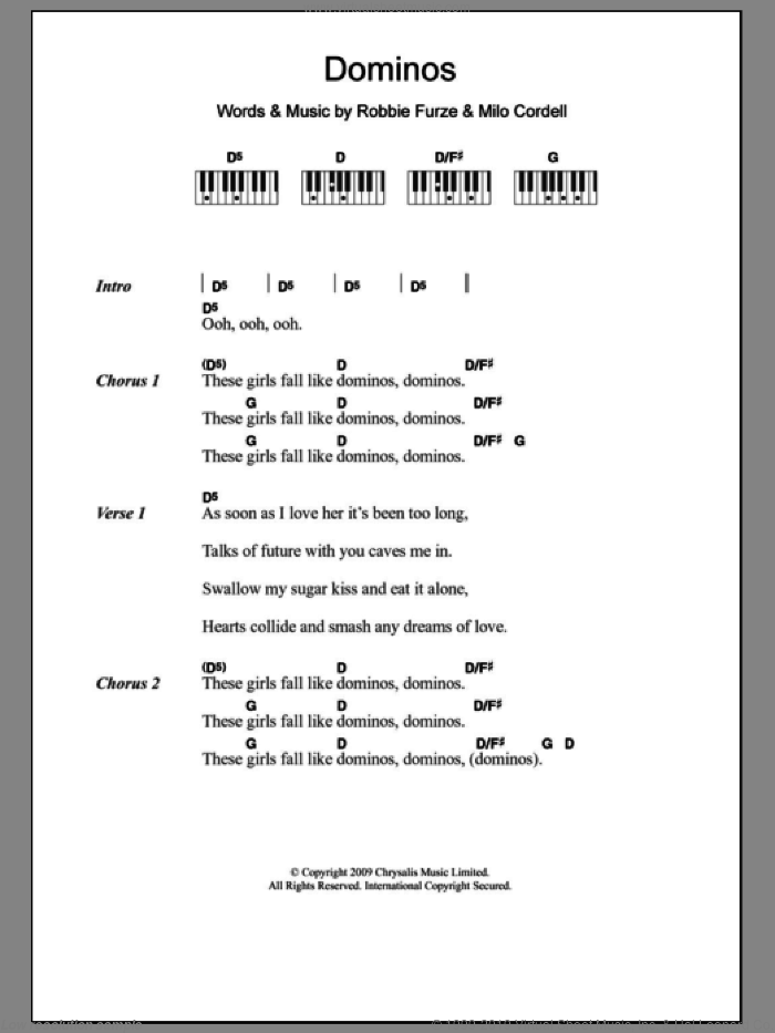 Dominos sheet music for piano solo (chords, lyrics, melody) by The Big Pink, Milo Cordell and Robbie Furze, intermediate piano (chords, lyrics, melody)