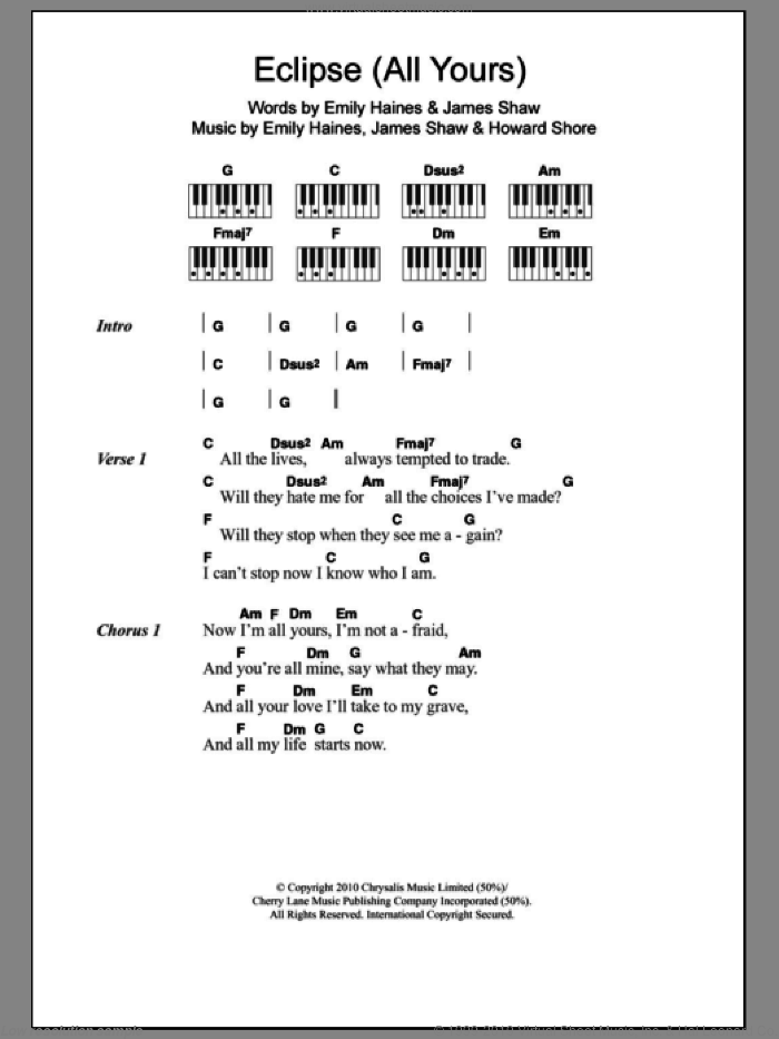 Eclipse (All Yours) sheet music for piano solo (chords, lyrics, melody) by Metric, Emily Haines, Howard Shore and James Shaw, intermediate piano (chords, lyrics, melody)